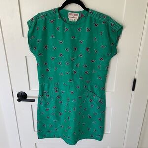 Vintage 80s Maggy London Silk Green Geometric Pattern Dress